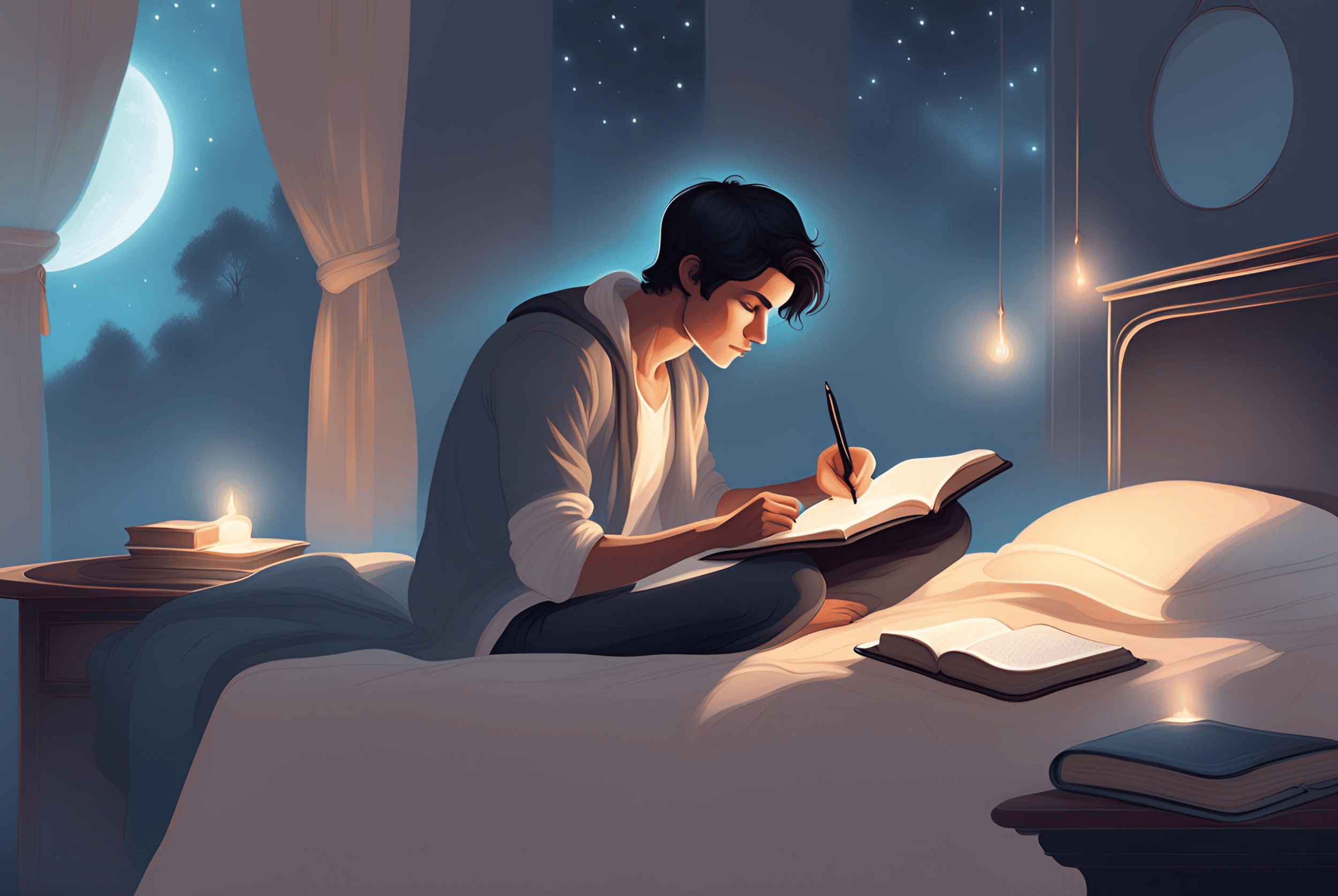 Illustration of a young man sitting on a bed and writing in a journal