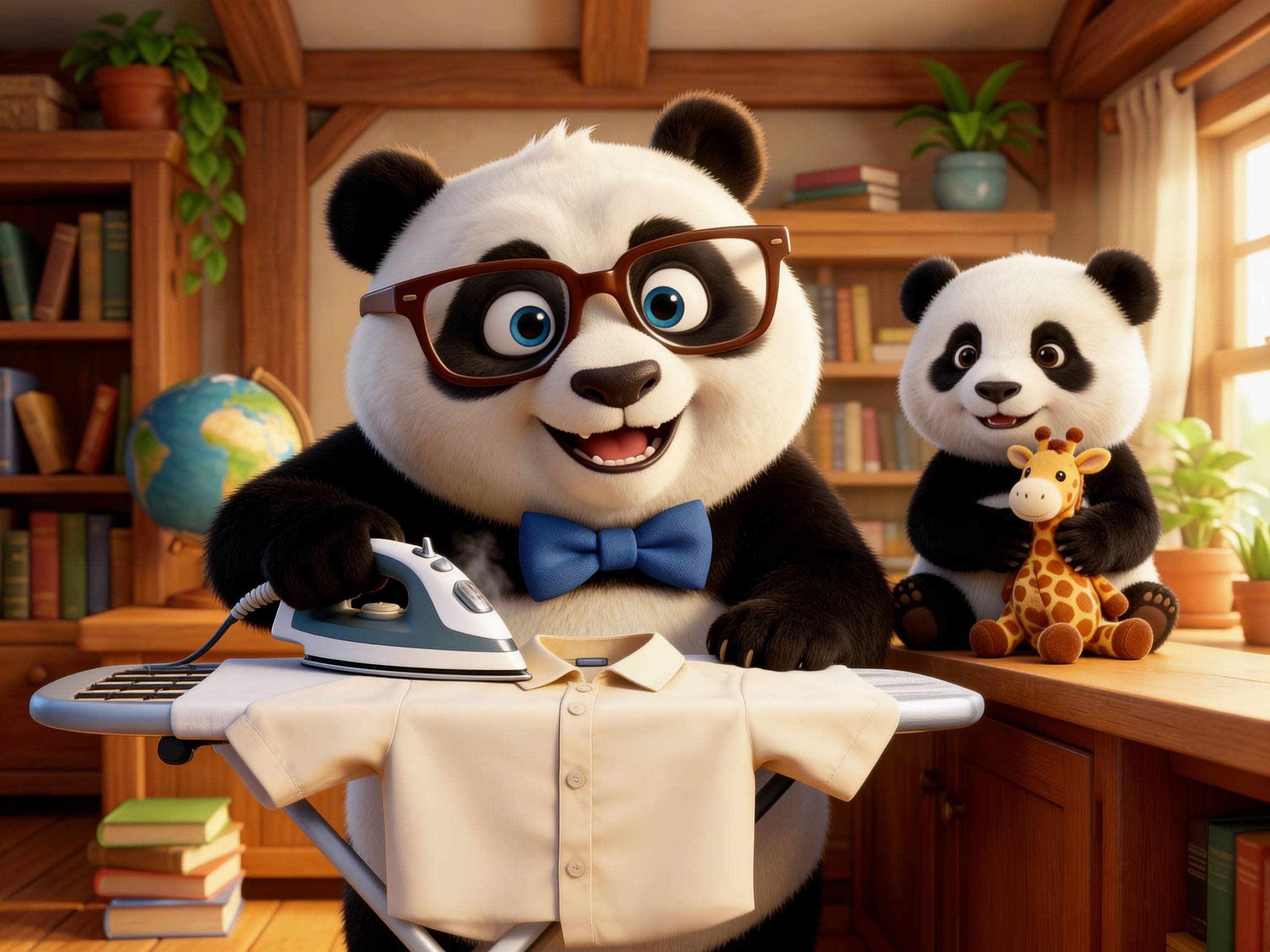 A Cartoon Image with Papa Panda smiling and ironing a dress shirt while Little Bear sits on a nearby counter playing with his stuffed giraffe