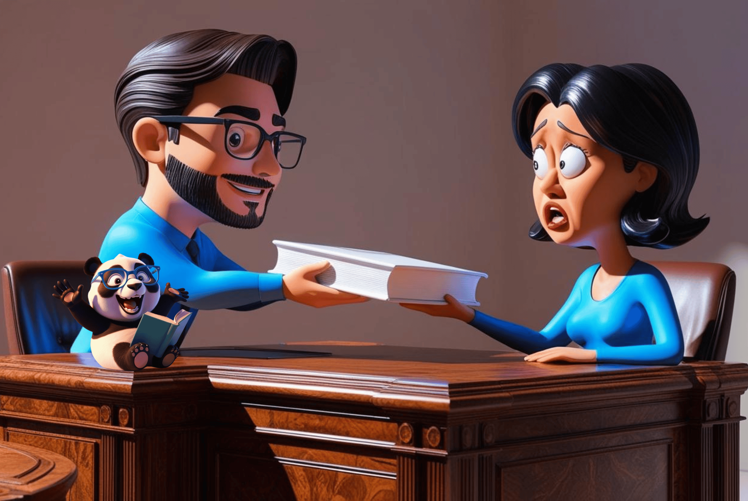 Illustration of a cartoon man handing a book to a woman who looks scared