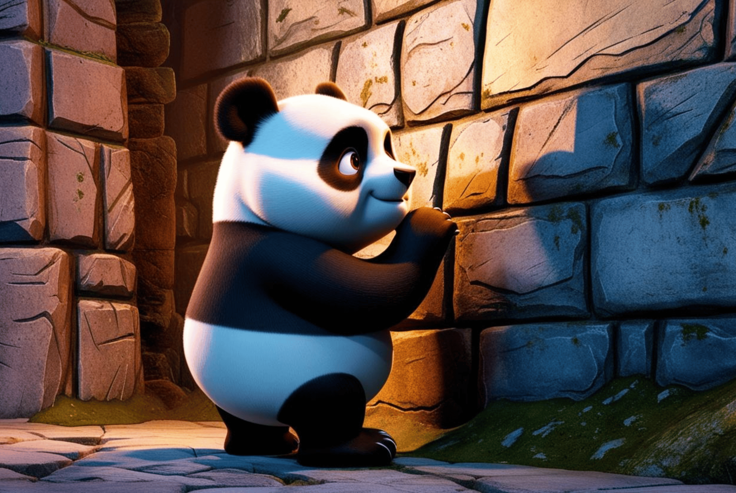 Illustration of a cartoon panda thinking while looking at a high stone wall