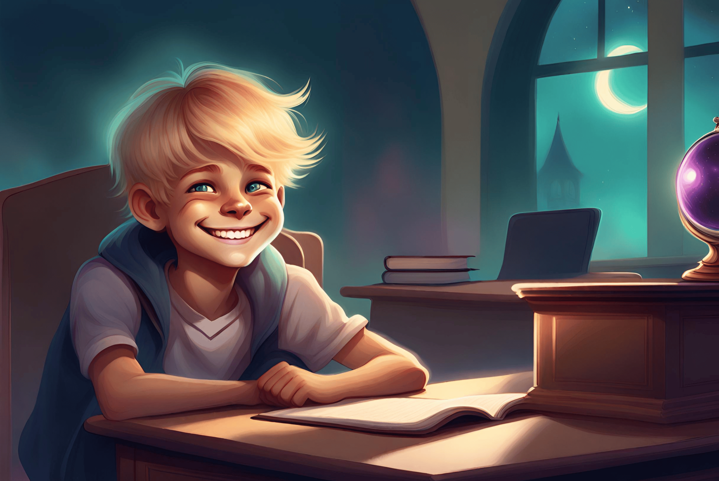 Illustration of a boy with a big smile sitting at a desk