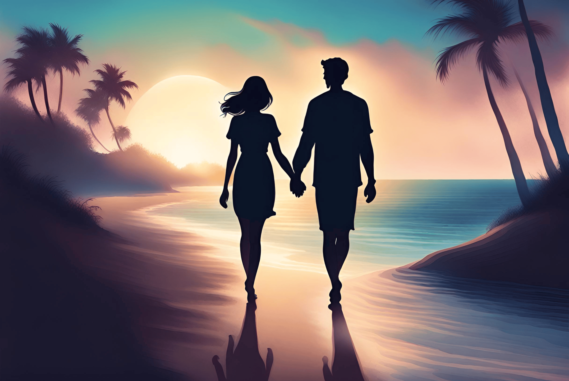 Illustration of a couple holding hands and walking on a beach