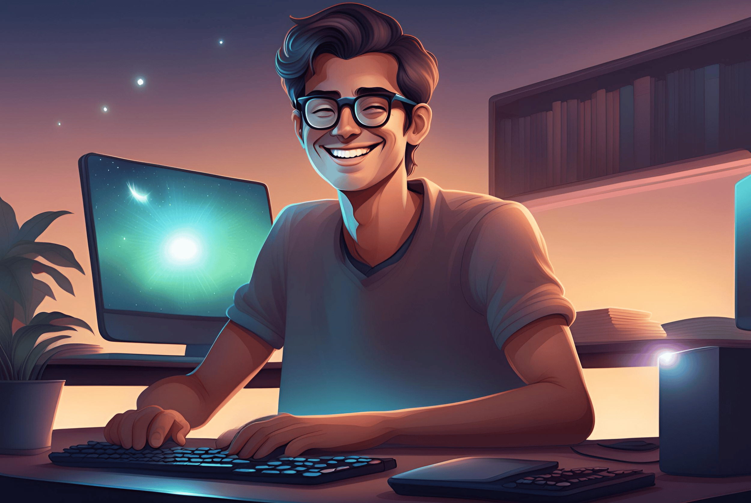 Illustration of a smiling man typing on a computer keyboard