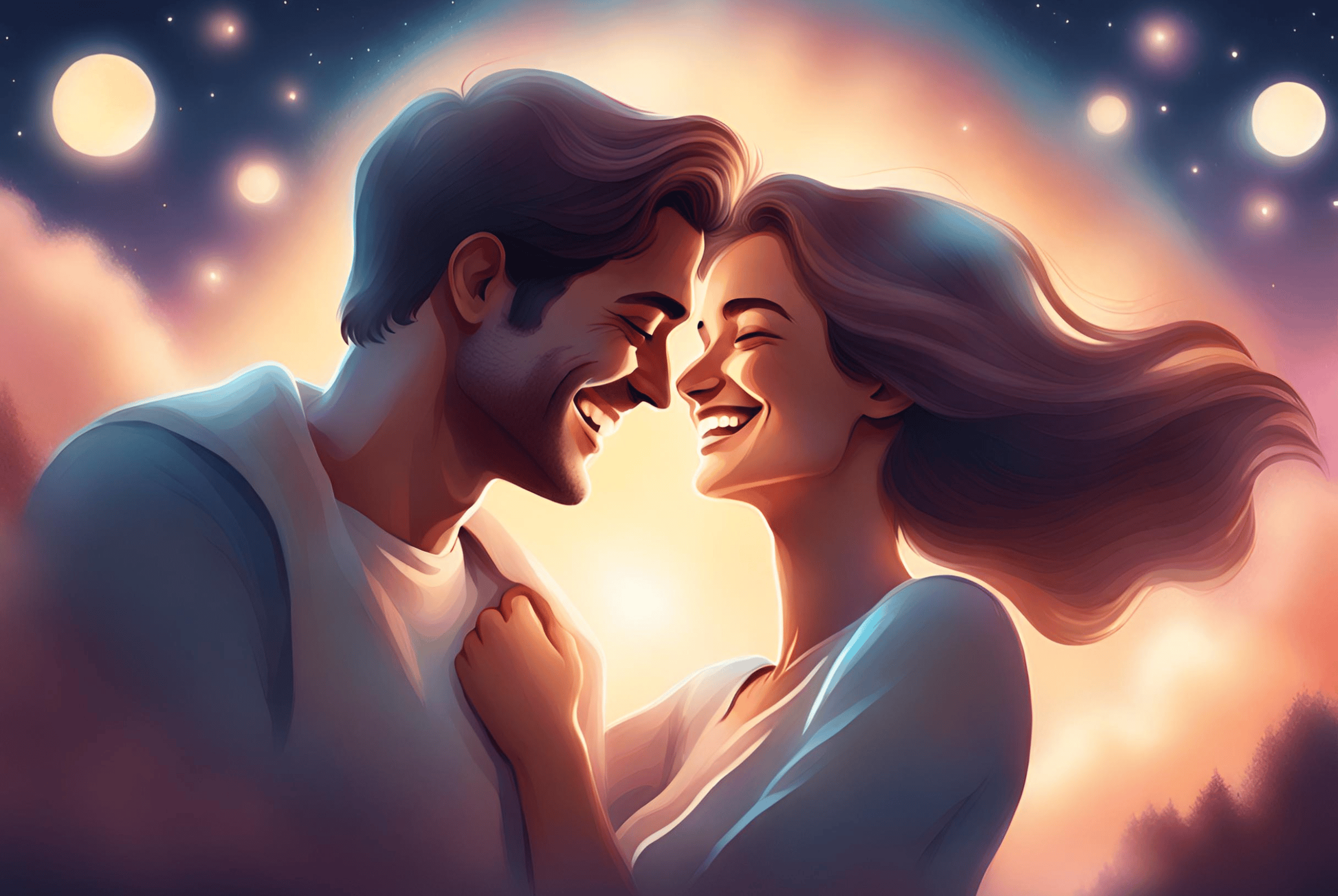 Illustration of a happy couple holding each other close