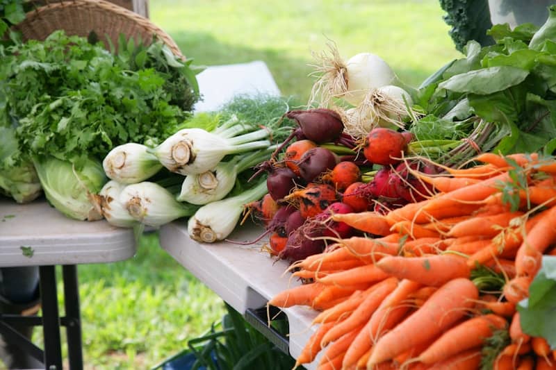 Fresh vegetables and produce are displayed on a table.