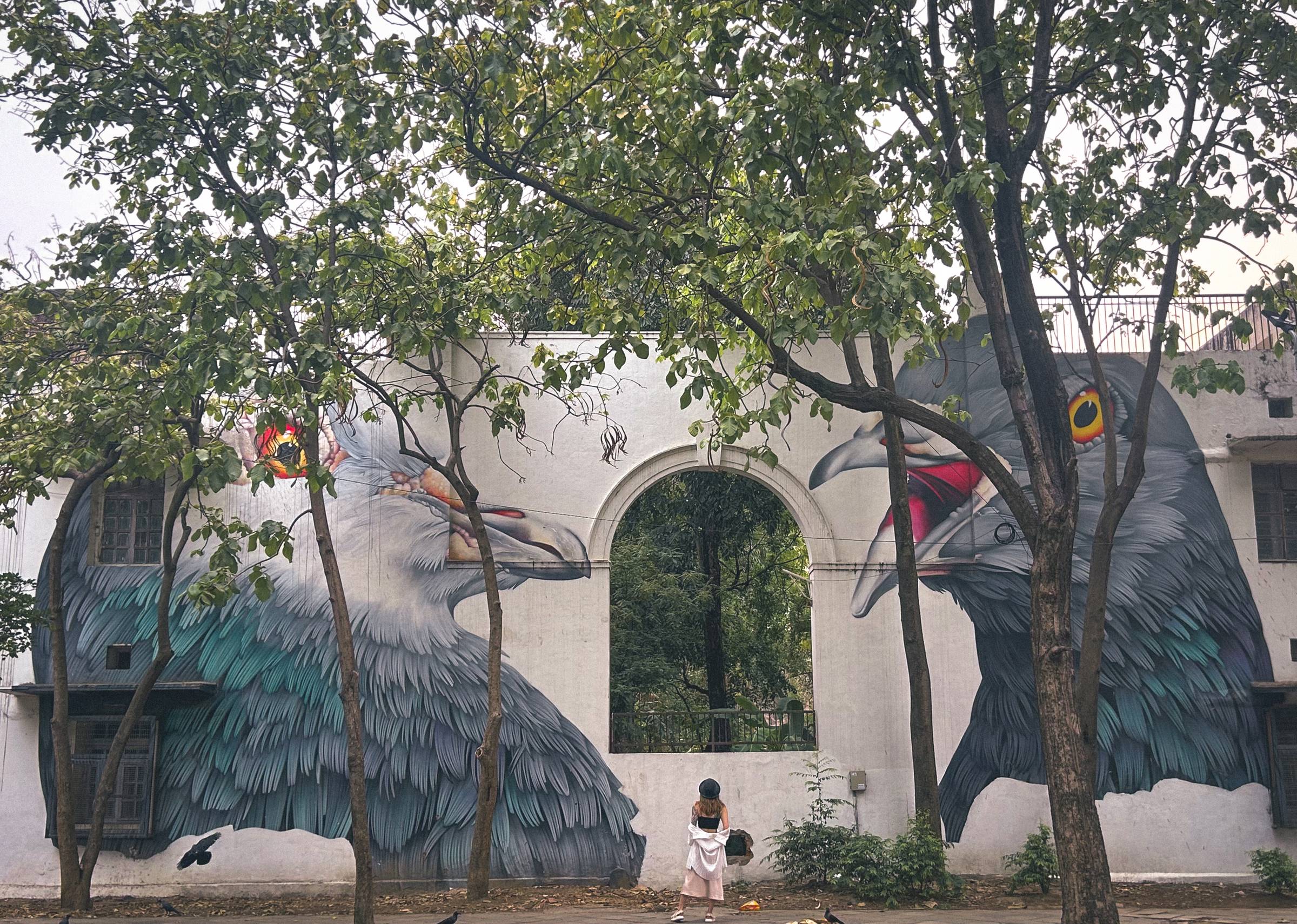woman in front of street murals in Lodhi Colony