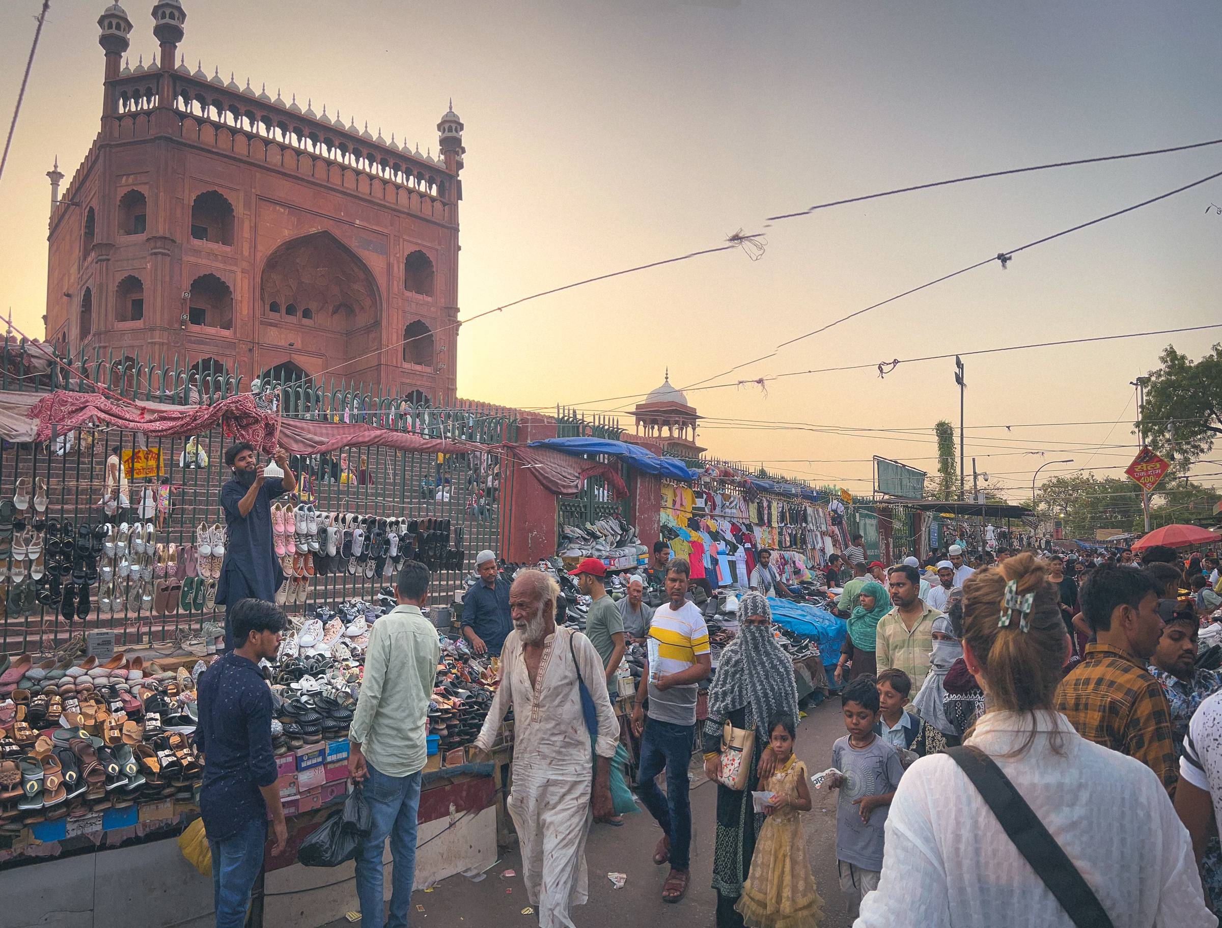 The street markets in Old Delhi at sunset.