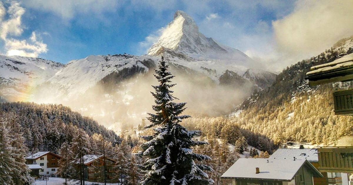 A snow covered Zermatt village and Matterhorn.