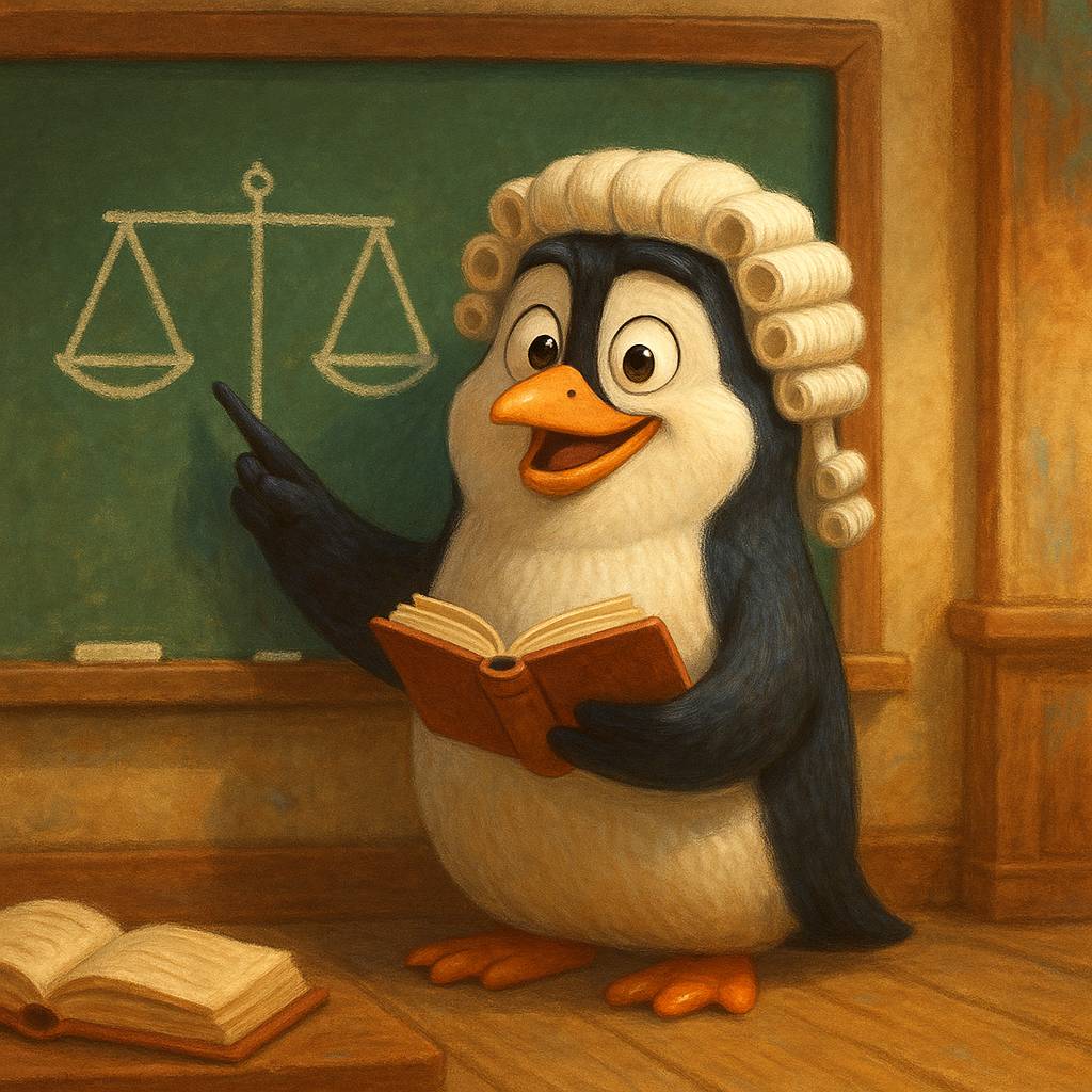 Cartoon-style penguin in a barrister wig joyfully teaching law in front of a chalkboard with scales of justice drawn on it