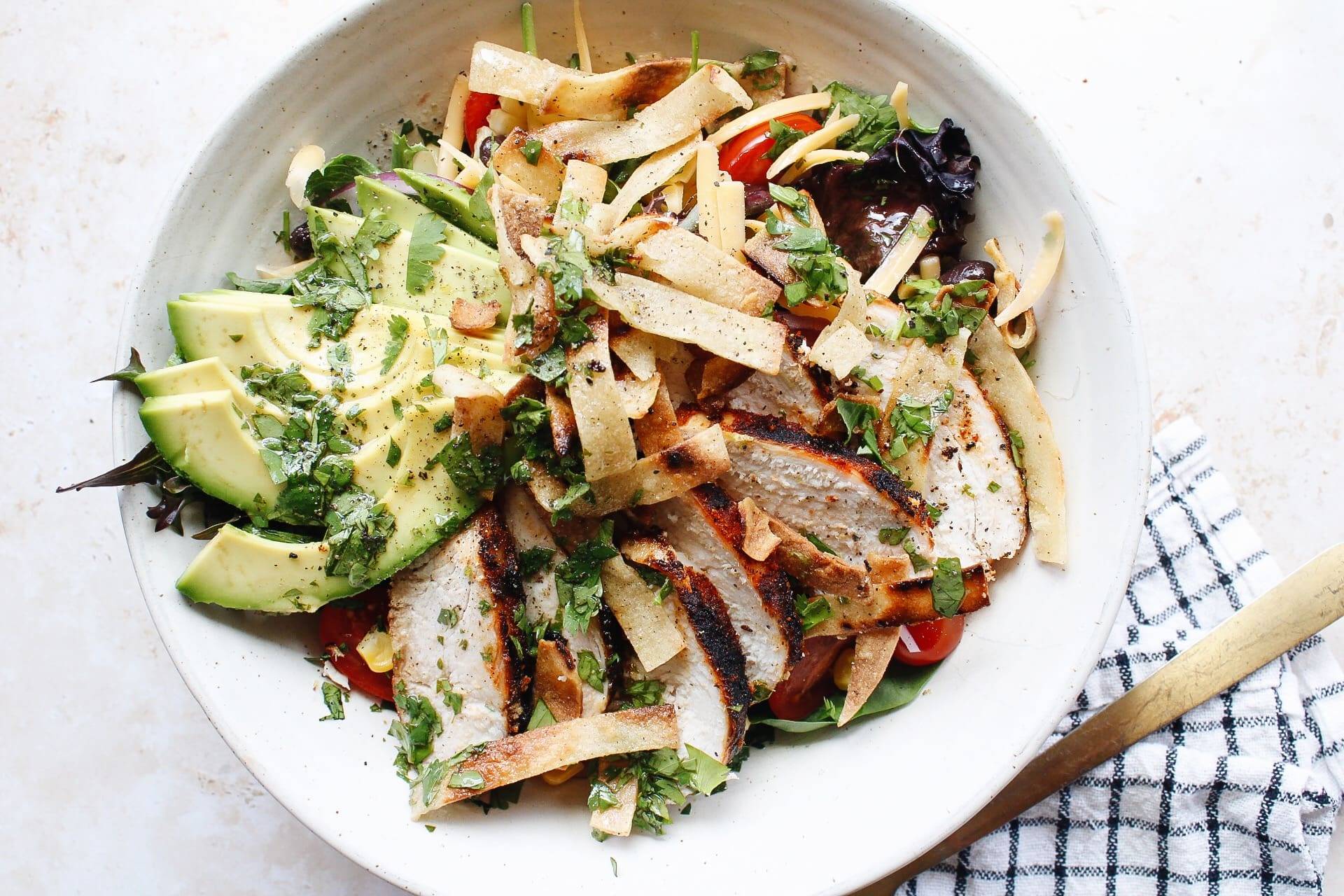 southwest chicken salad in a white bowl