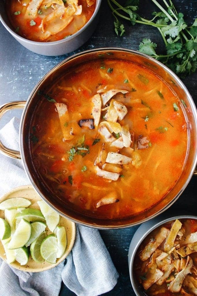 healthy chicken tortilla soup in a pot