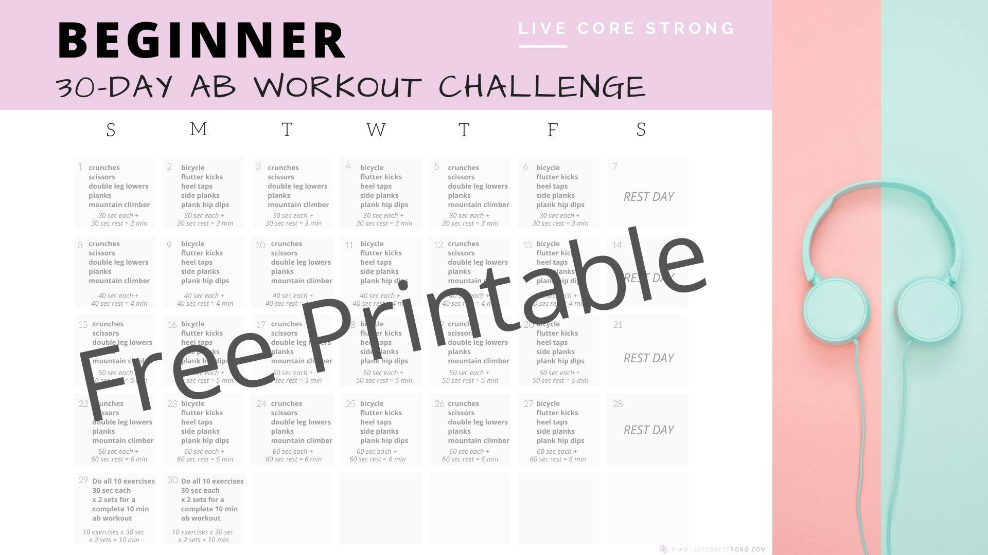 Beginner 30Day Ab Workout Challenge + Workout Calendar Live Core Strong