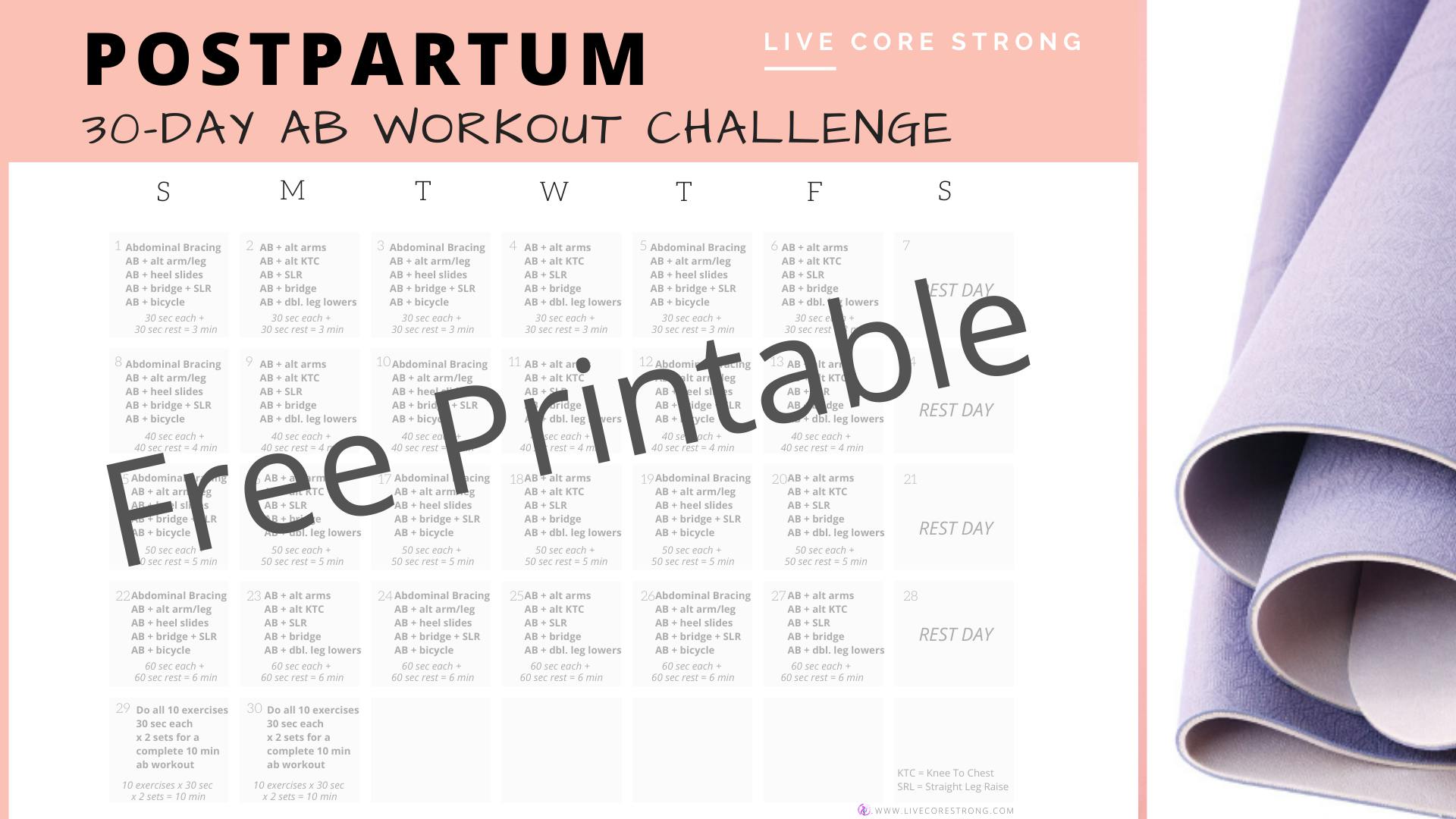 Postpartum 30-Day Ab Workout Challenge + Calendar - Live ...