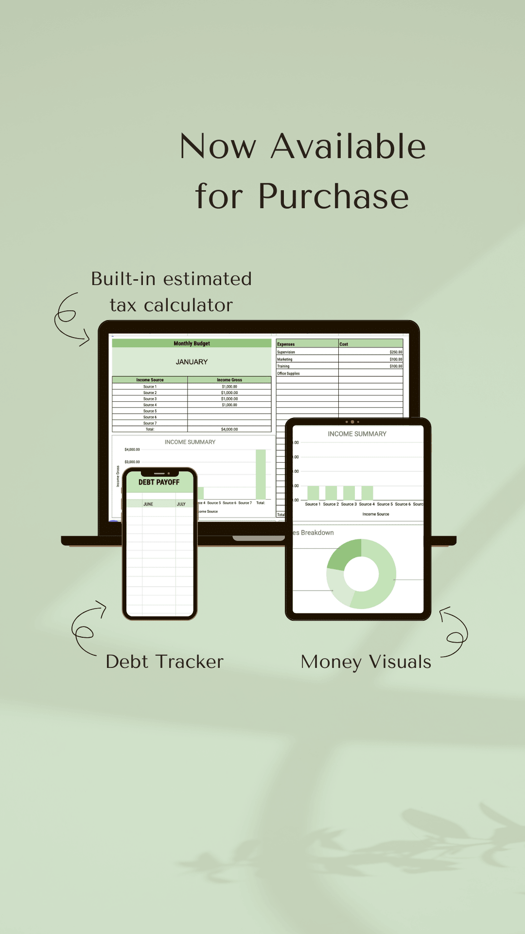An image showcasing financial software now available for purchase. It includes a built-in estimated tax calculator displayed on a laptop, a debt tracker shown on a smartphone, and money visuals on a tablet. The background is light green with text indicating each feature.