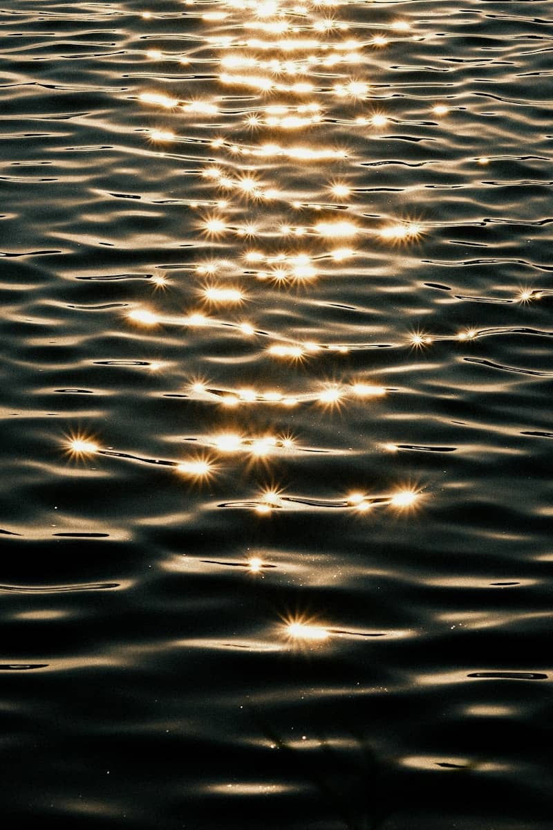 Sunlight reflecting as bright starbursts on the surface of dark rippling water