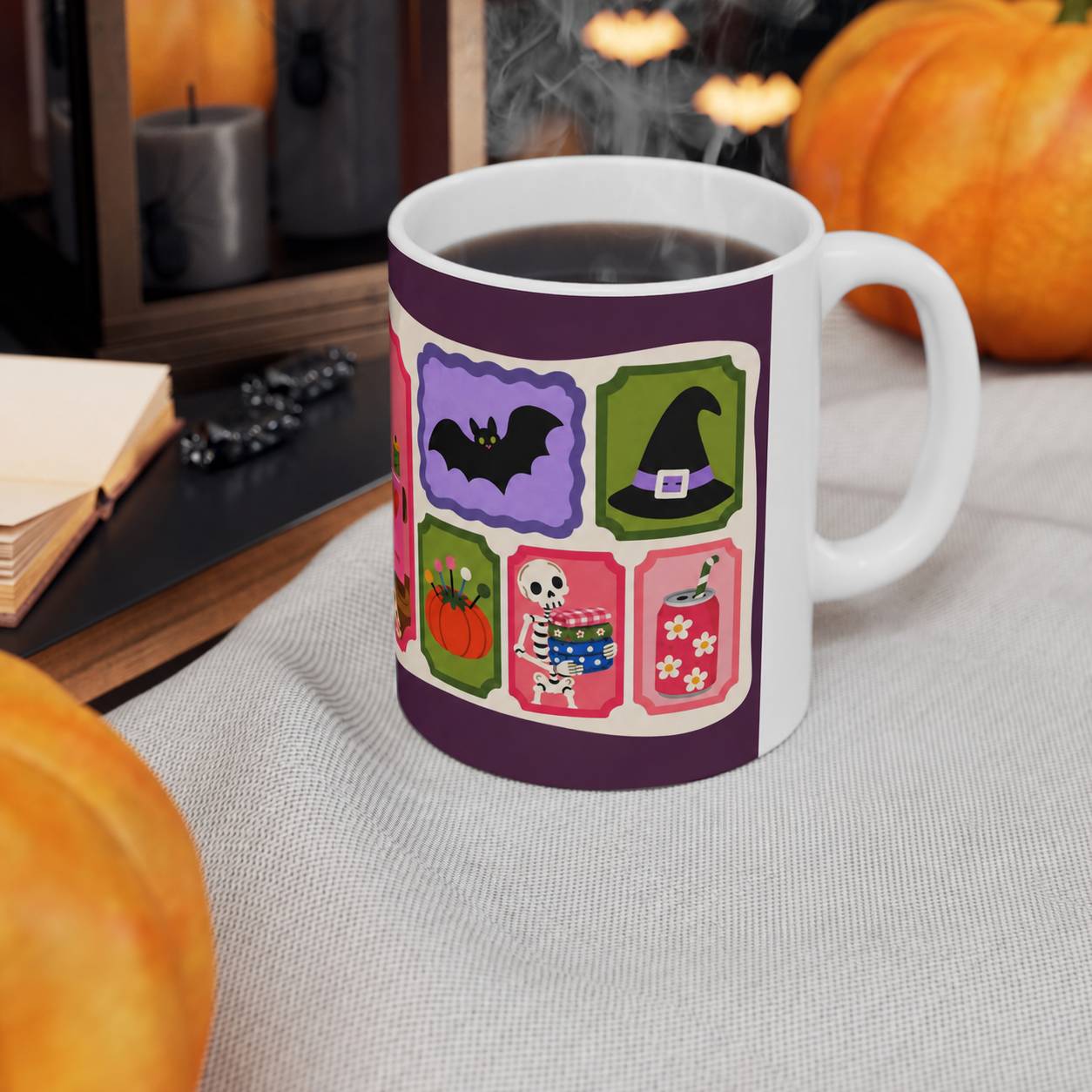 Halloween sewing mug with colorful patch art