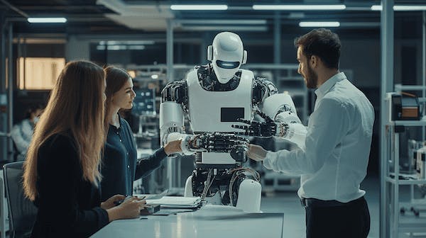 Three employees interacting with an AI robot in an Amazon warehouse