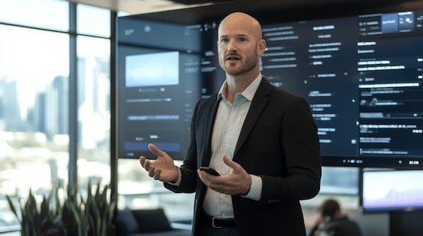 Executive in a black suit giving a presentation in front of a television