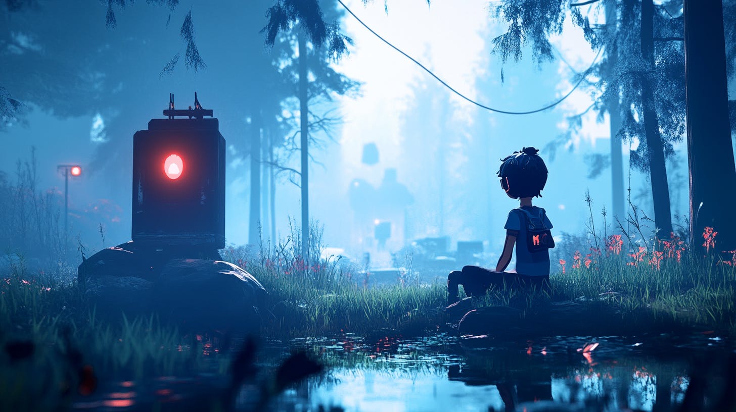 Game scene in a forest with a red eyed robot