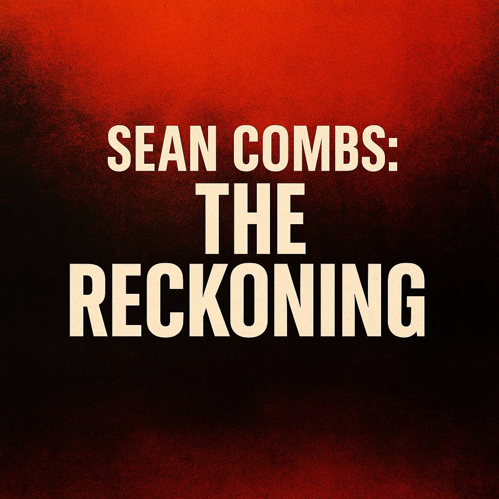“A dramatic red-to-black gradient background with bold, distressed-style capital letters reading ‘Sean Combs: The Reckoning,’ creating a gritty, intense atmosphere.”