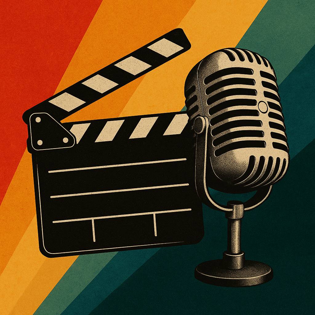 “A vintage-style illustration featuring a classic film clapperboard crossed with an old-school studio microphone, set against a retro background of diagonal red, orange, yellow, teal, and green stripes, symbolizing the intersection of music and documentar