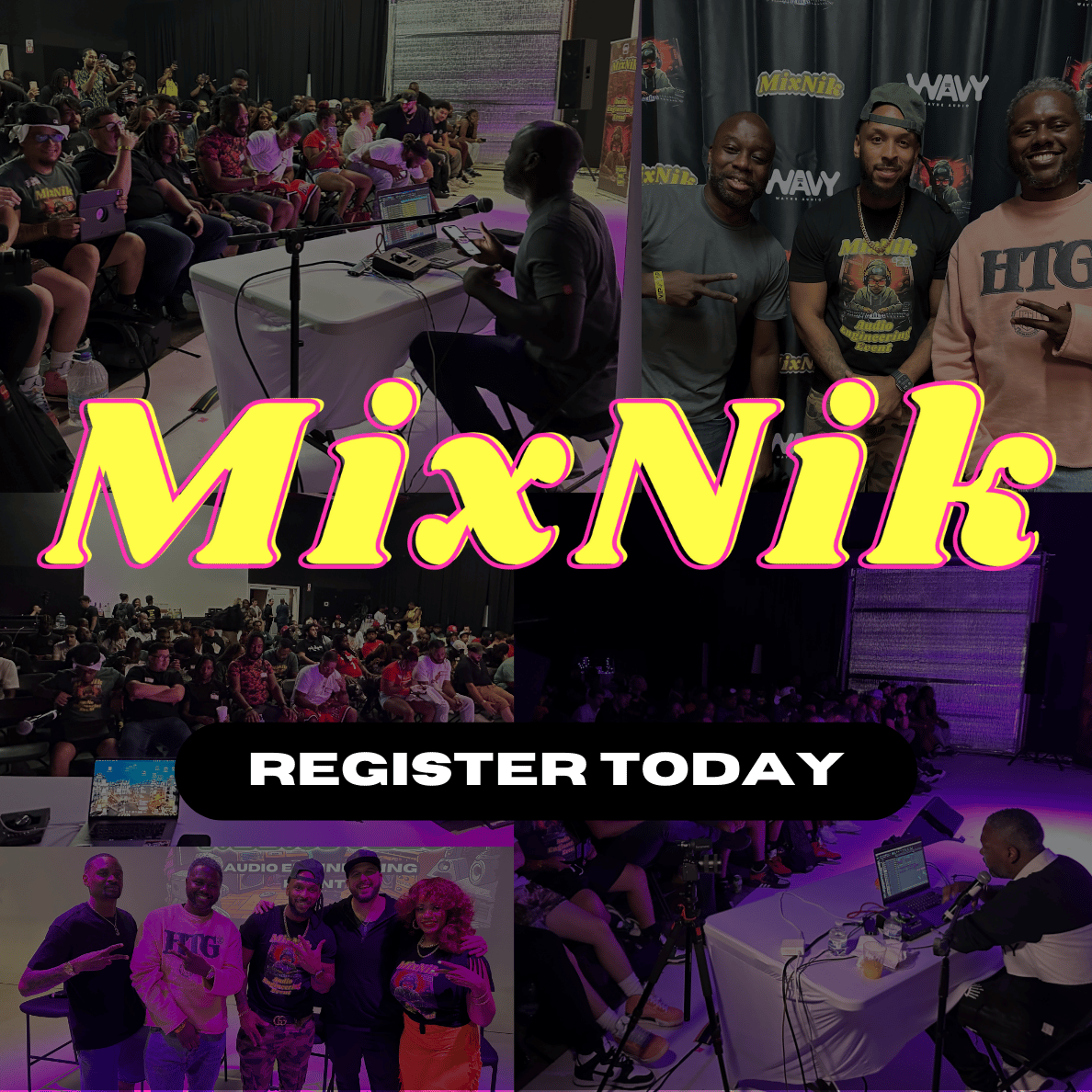 A promotional graphic for MixNik 2025 featuring bold text that reads “Register Today.” The image includes a modern, vibrant design with music production elements like audio waveforms, soundboard visuals, and event branding. It promotes the upcoming music 
