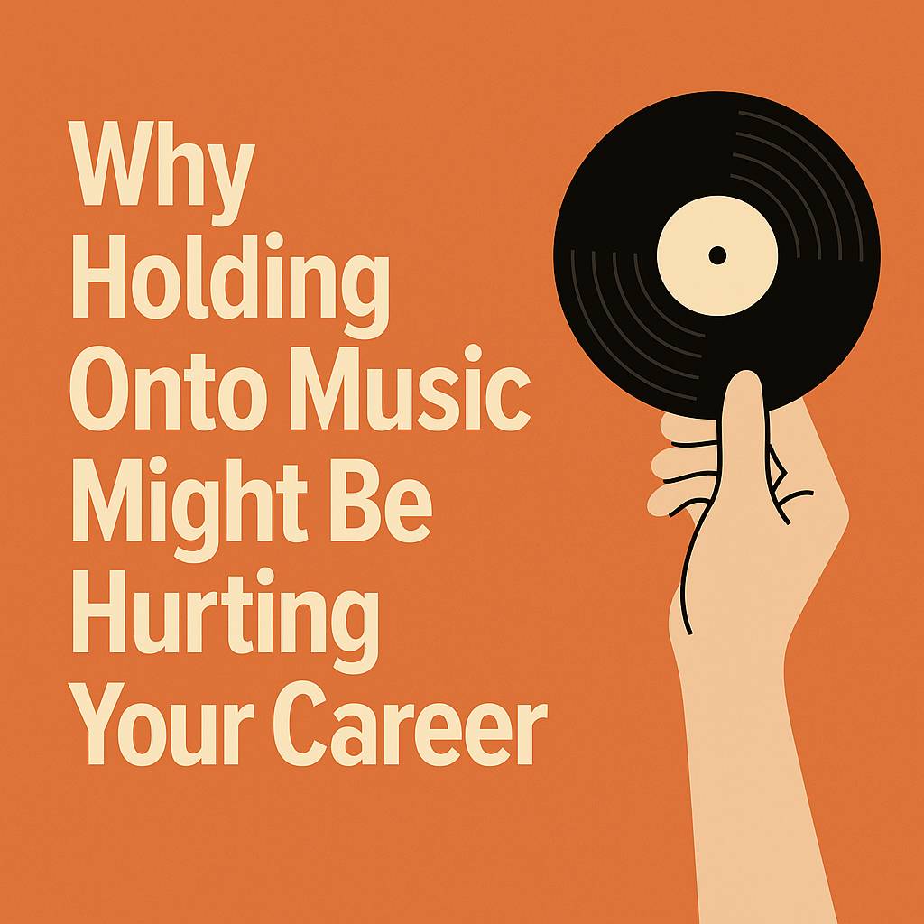 A split-screen graphic showing an artist holding onto unreleased music on one side, and a modern musician uploading tracks with streaming icons on the other—highlighting the shift from old to new music release models.