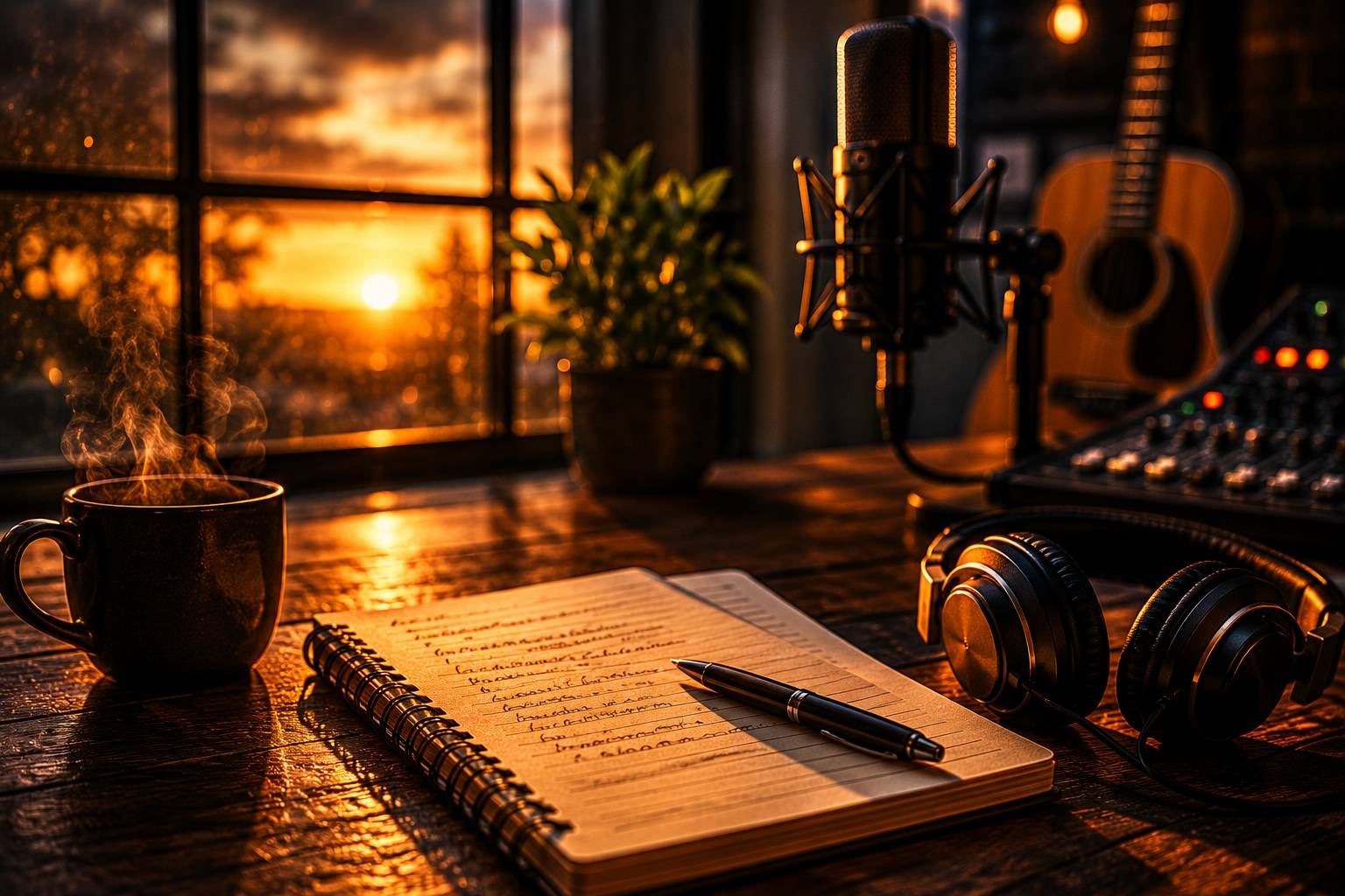 A warm, sunset-lit creative workspace featuring music gear, handwritten notes, headphones, and a vinyl record, symbolizing reflection, creativity, and a lifelong passion for music.