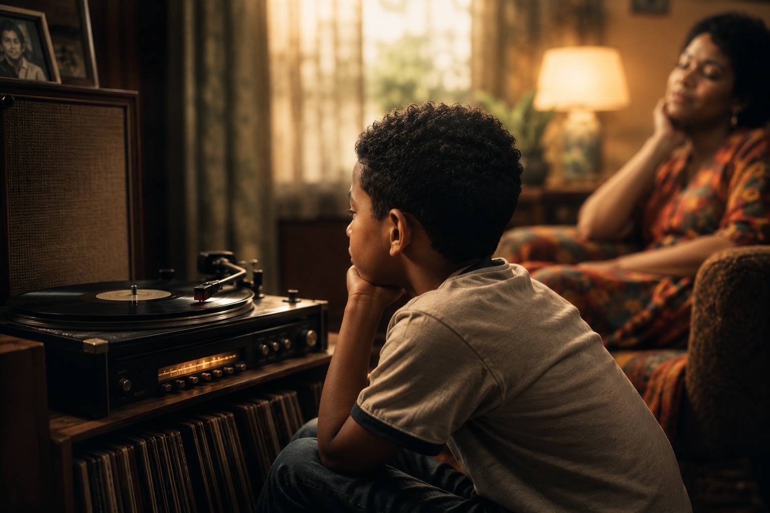 A young boy sits captivated by a record player in a warmly lit living room while his mother listens nearby, capturing the power of music and childhood memories.