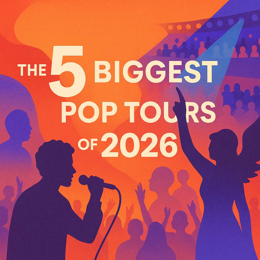 “An abstract concert-themed illustration showing silhouettes of a singer, cheering fans, and a performer with raised arms against vibrant orange, purple, and blue colors. Stage lights and a large stadium crowd create the feeling of a massive live pop show