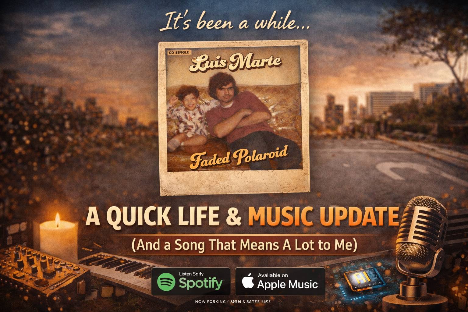 “A vintage-style Polaroid photo of Luis Marte as a child with an older figure, centered on a warm, blurred city background, surrounded by music elements like a microphone, keyboard, and candle, conveying a nostalgic and personal music journey.”