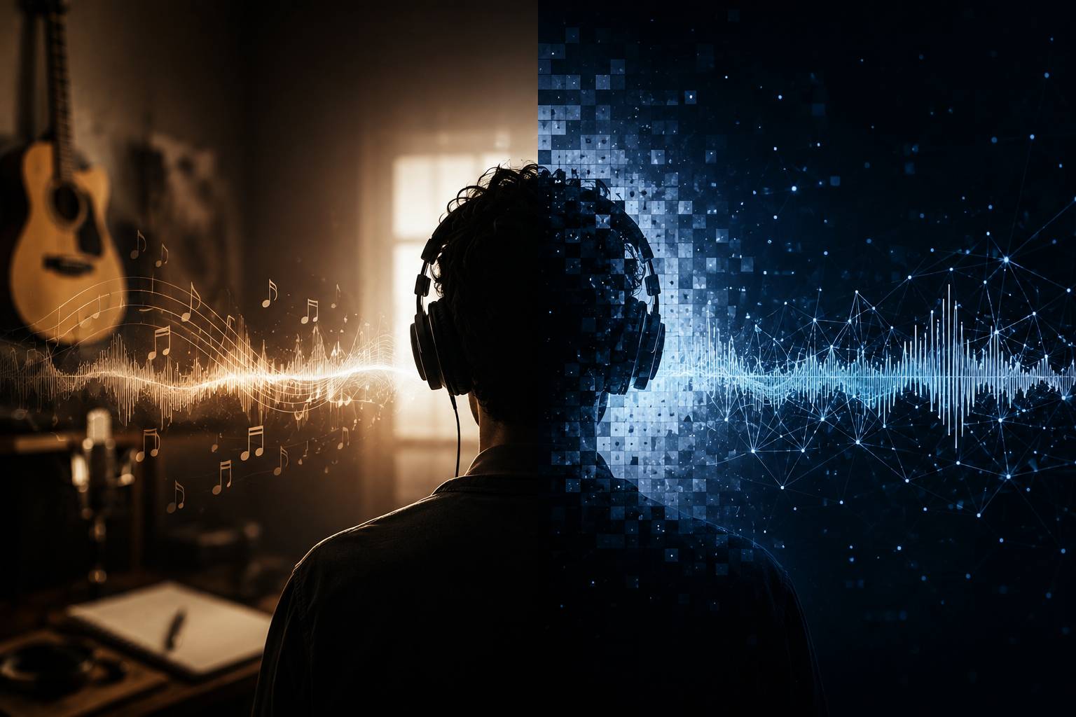 Person wearing headphones between warm musical imagery and cool digital visuals, representing the balance between human creativity and AI in music.