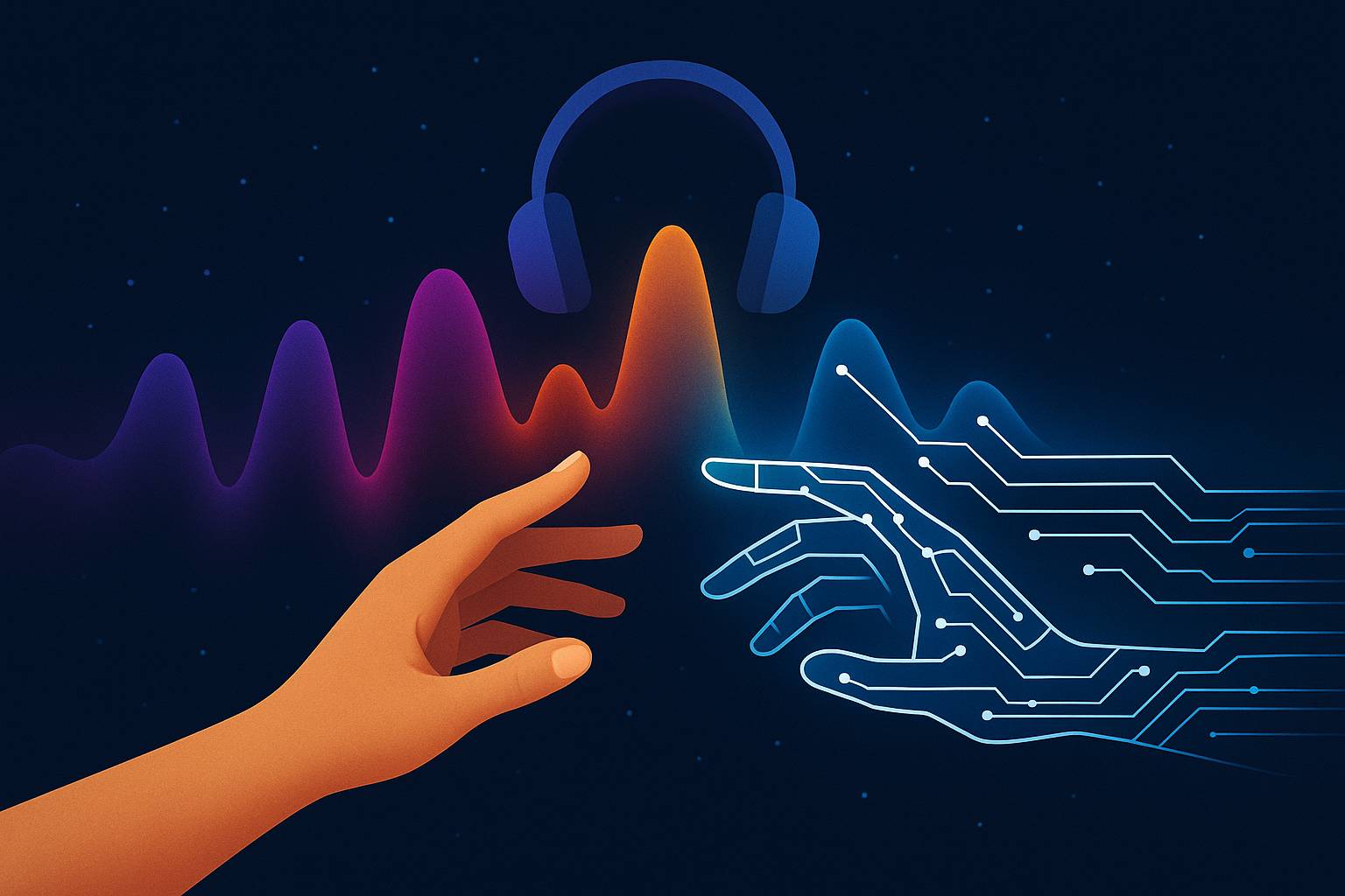 “An abstract illustration showing a human hand reaching toward a glowing, circuit-patterned AI hand. Vibrant soundwaves ripple between them, with a pair of floating headphones above, symbolizing the connection between human creativity and AI in music.”