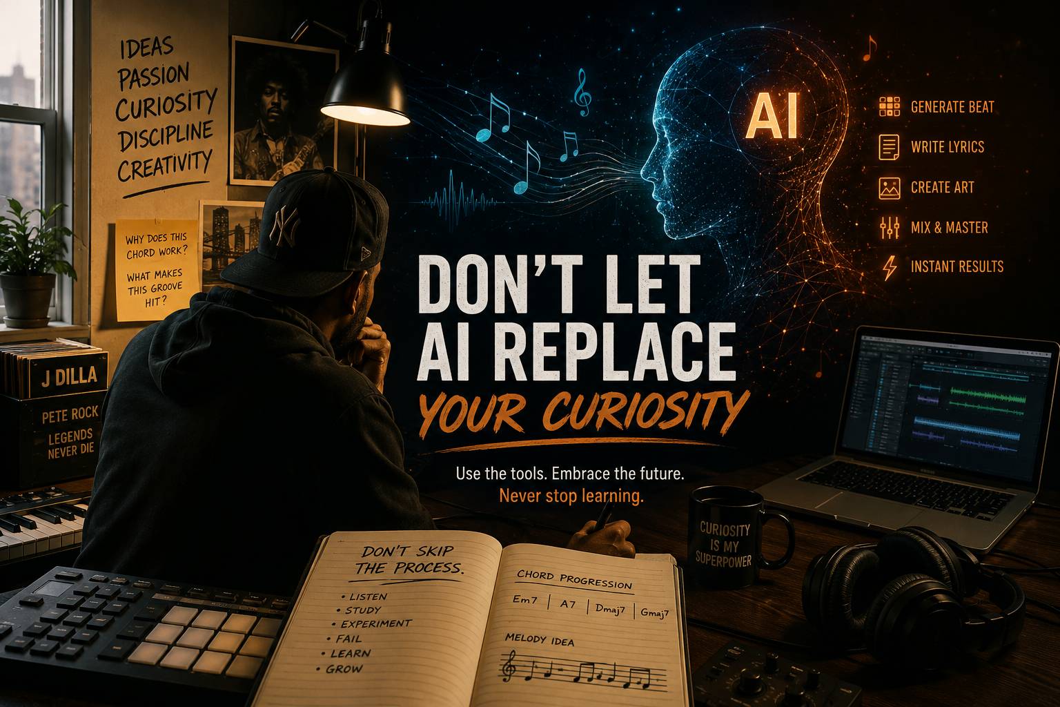 Conceptual illustration of a music studio highlighting creativity, curiosity, and AI.