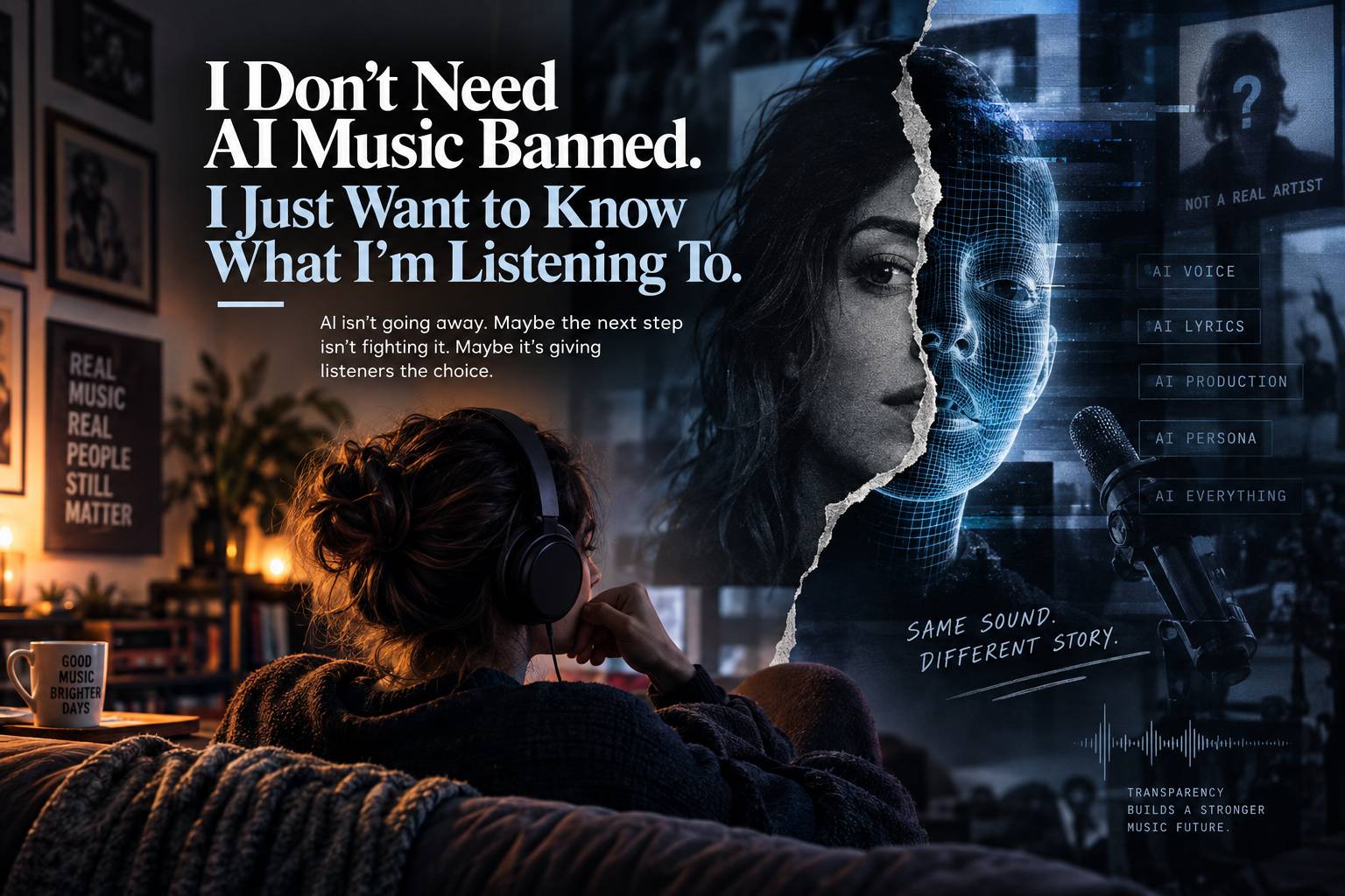 A listener wearing headphones faces an image of a singer split between a human face and a digital AI persona, representing the growing divide between human-created and fully AI-generated music.