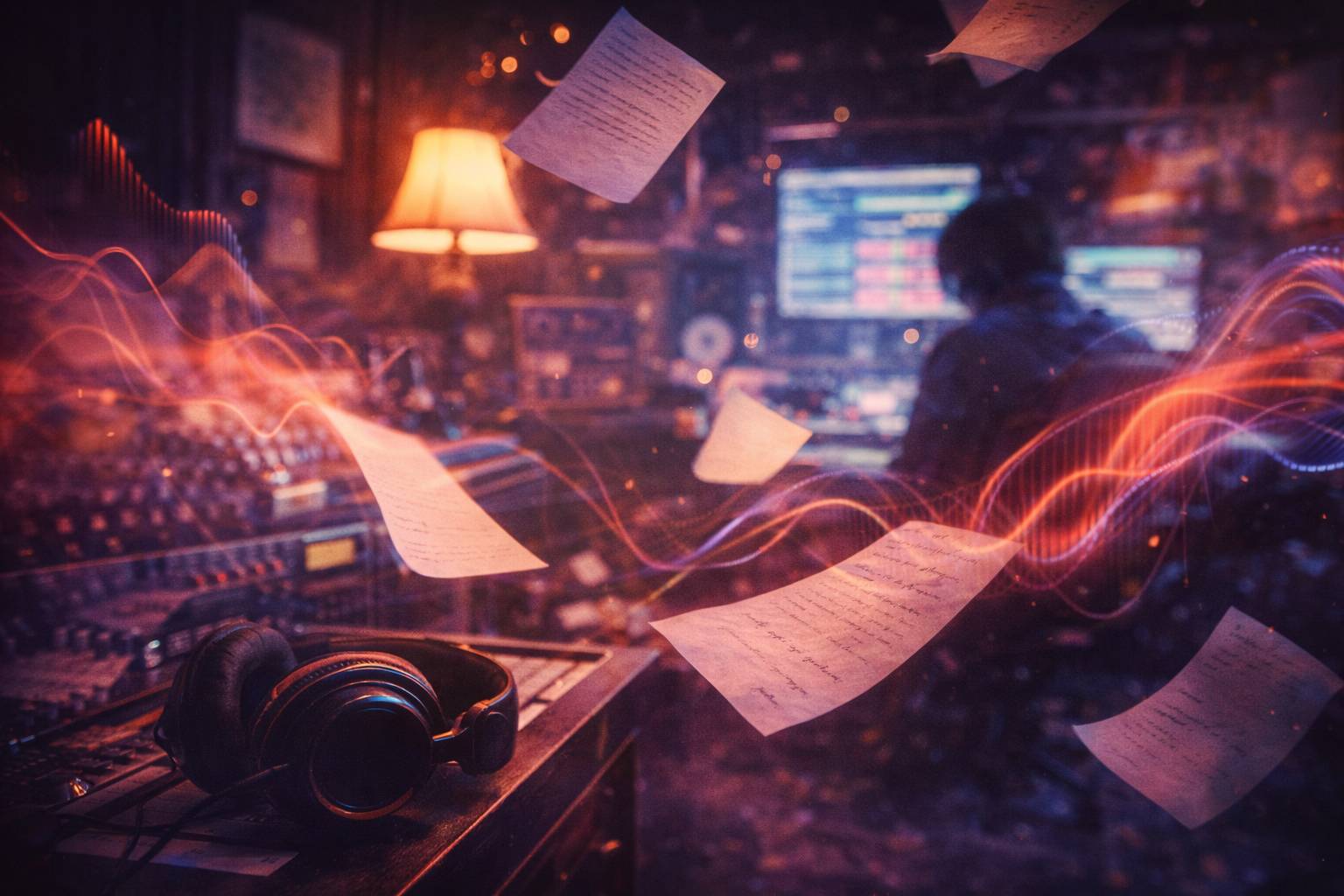 Dimly lit recording studio with headphones on a mixing console, floating handwritten lyric pages, and glowing abstract sound waves representing creativity and collaboration.