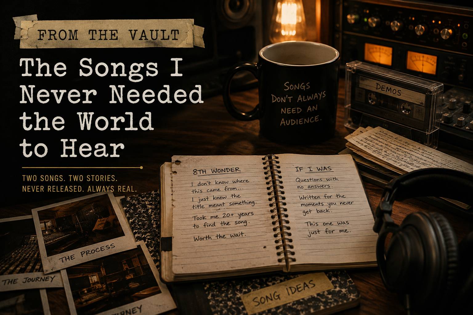 A warm studio desk with handwritten song notes, a demo cassette, headphones, and recording gear, representing two unreleased songs shared from the vault.