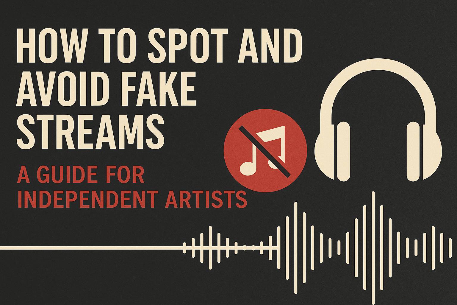 A bold, modern landscape graphic featuring the title “How to Spot and Avoid Fake Streams: A Guide for Independent Artists,” with headphones, a crossed-out music note, and waveform elements in red, white, and black tones.
