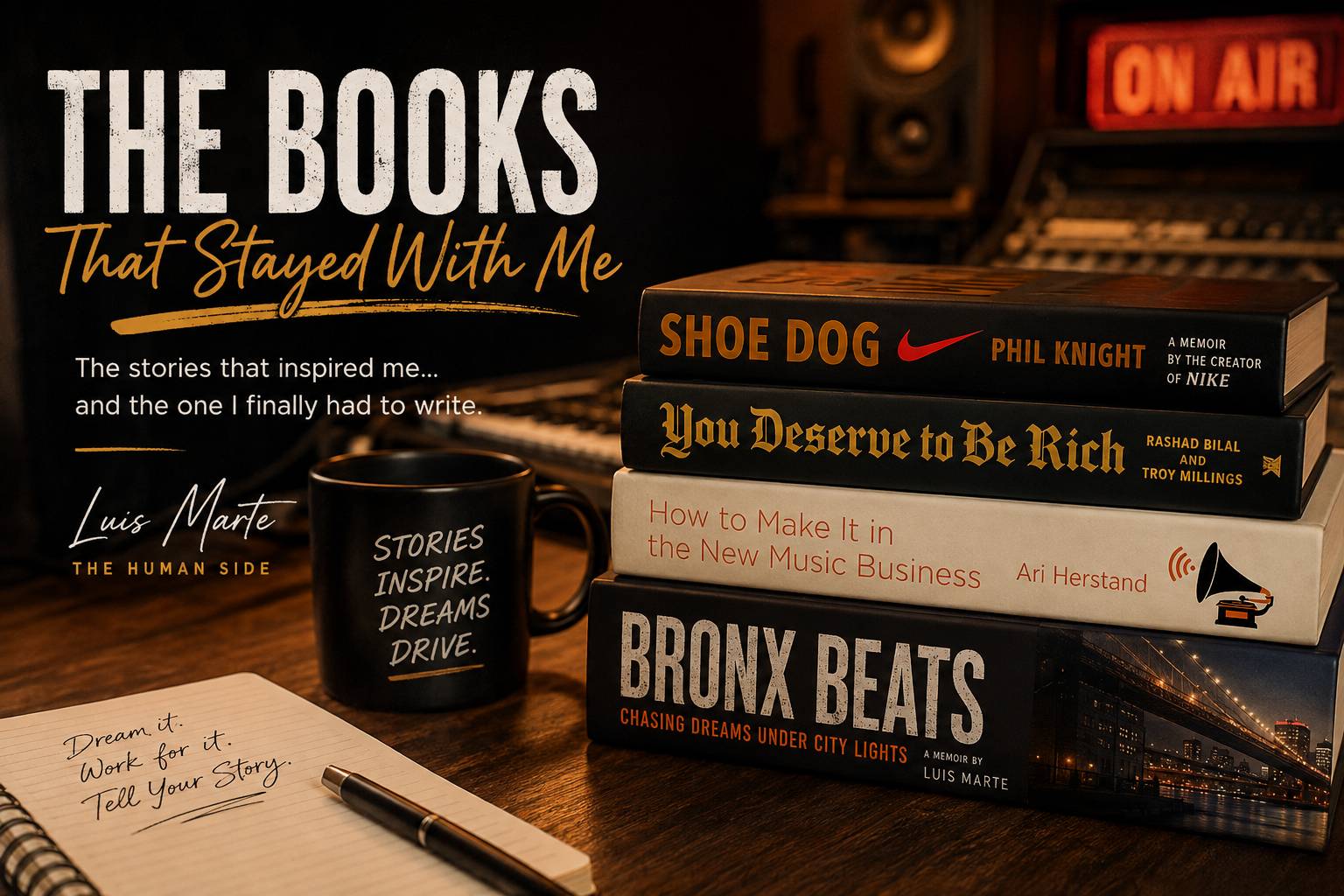 A warm, cinematic illustration of a stack of influential books—including Bronx Beats—on a studio desk with a coffee mug, notebook, and music equipment, representing the stories that inspire creativity and personal growth.