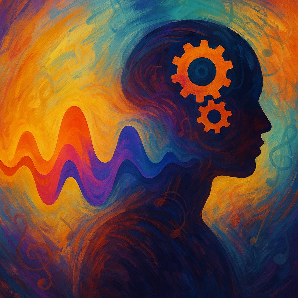 An abstract digital painting depicting the fusion of human creativity and AI, showing a colorful human silhouette with gears inside the head and flowing soundwaves blending into vibrant musical patterns.
