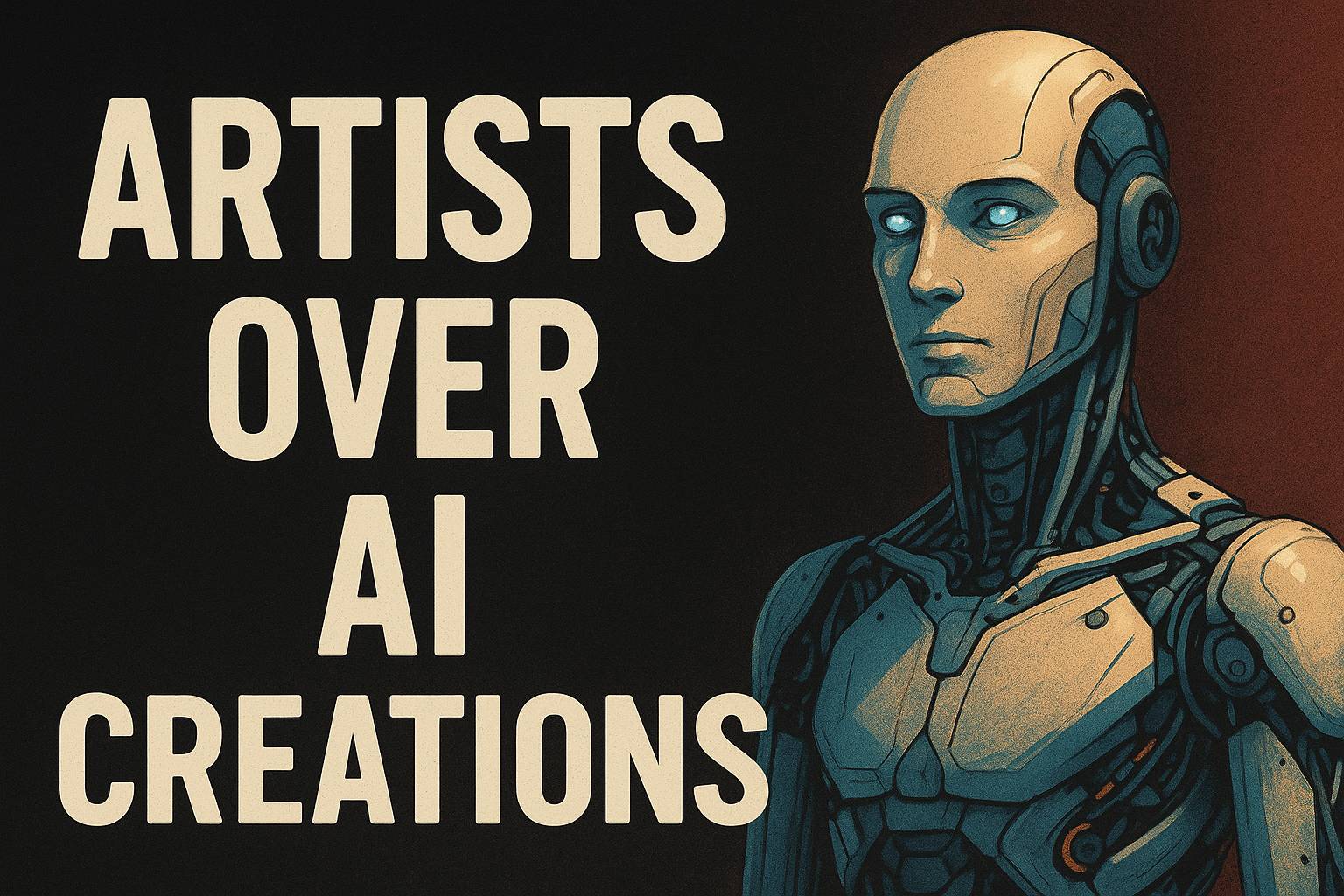 A landscape digital illustration of a stylized AI humanoid under a spotlight, set against a dark background, symbolizing the controversy over AI artists in music.