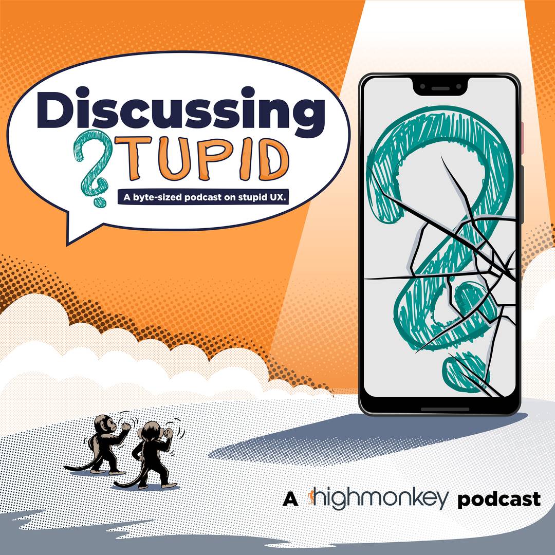 Podcast cover for Discussing Stupid, featuring a cracked phone screen and two cartoon monkeys.
