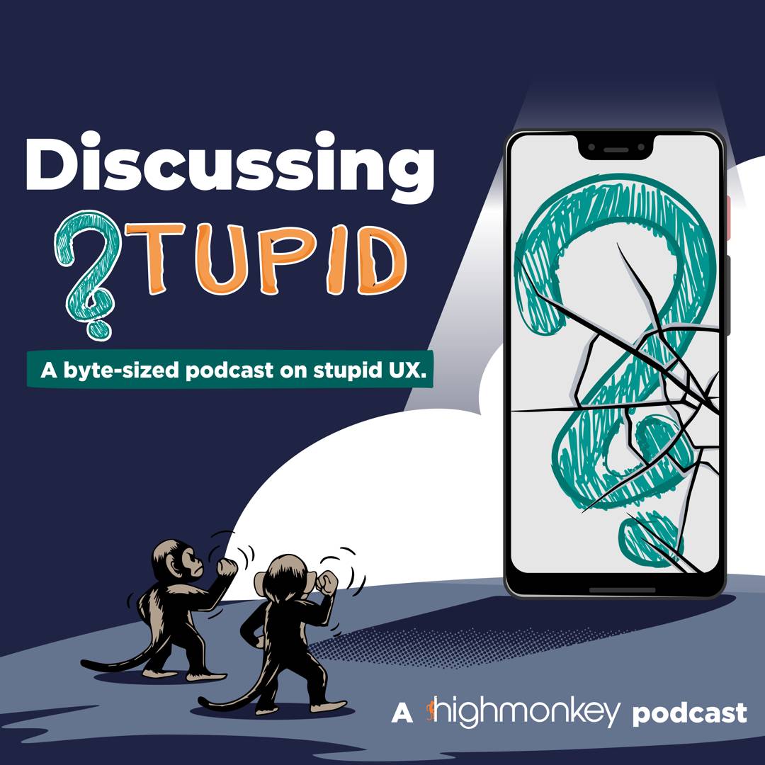 Podcast cover for Discussing Stupid, featuring a cracked phone screen and two cartoon monkeys.
