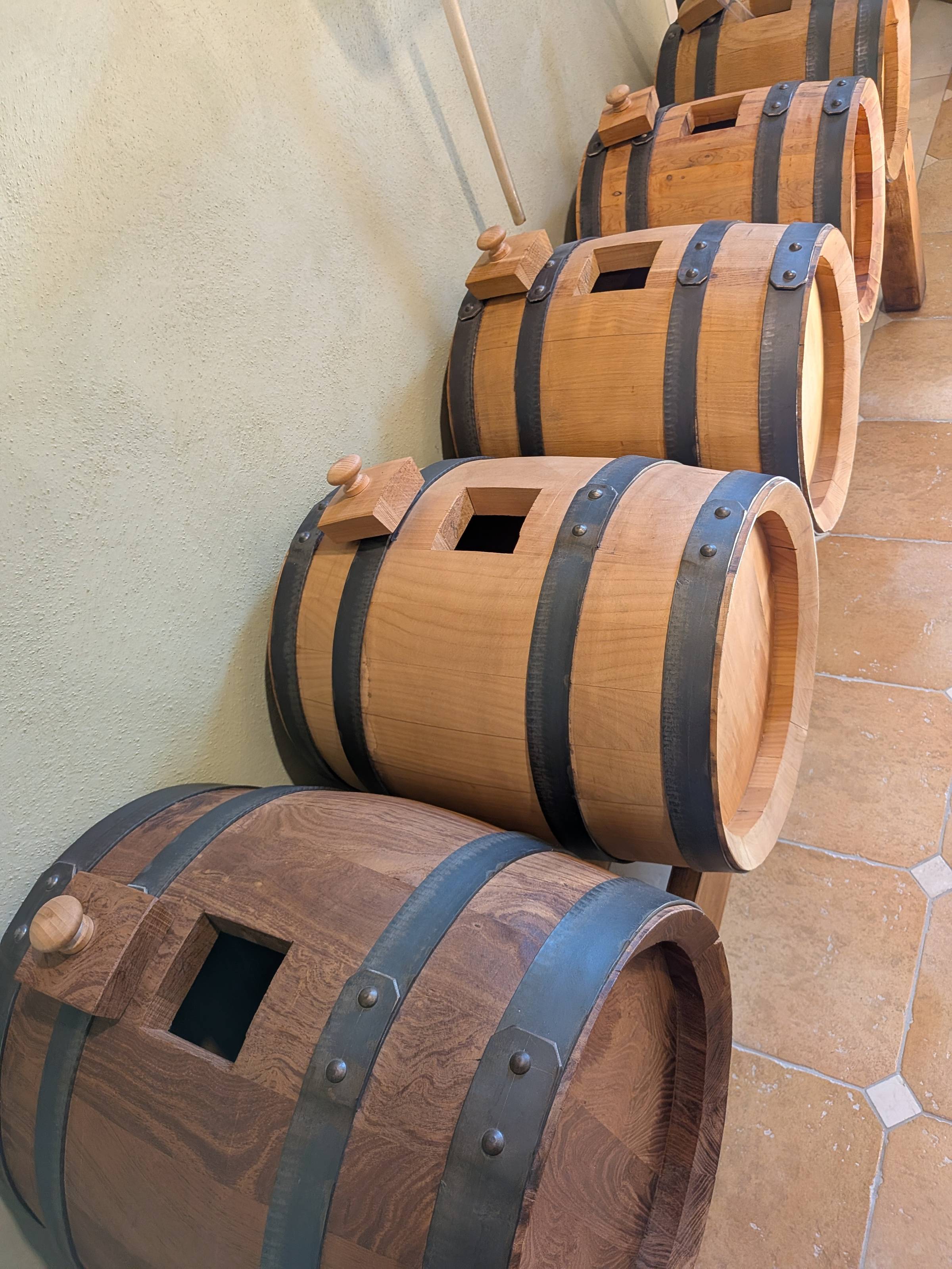 various barrels for aging balsamic.