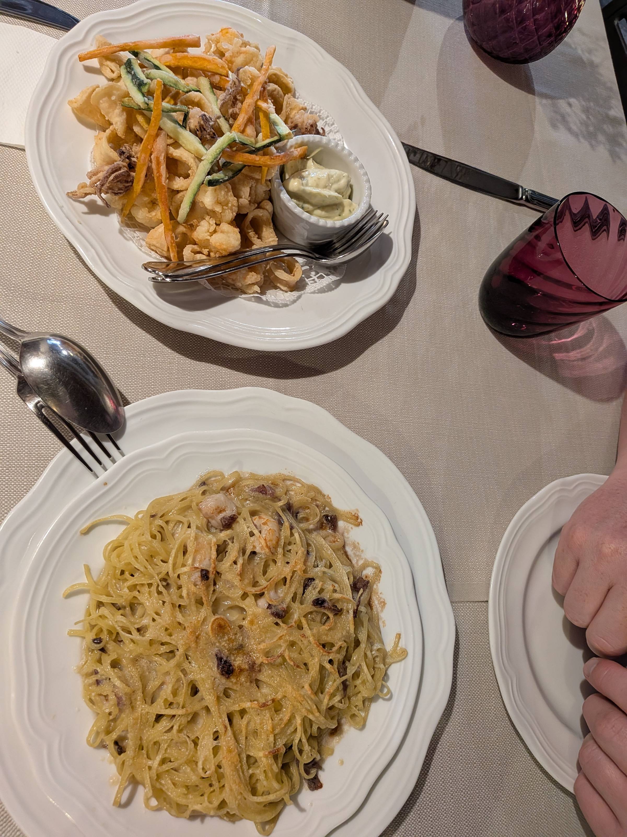 fried seafood and seafood pasta.