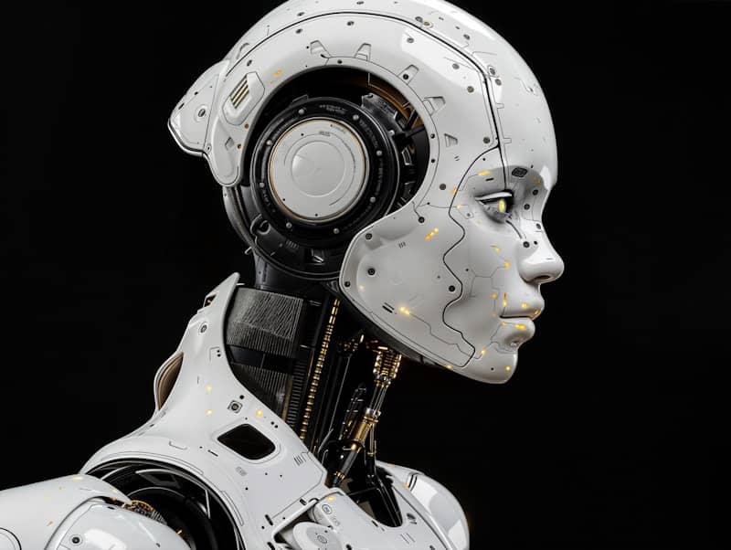 A white robot is standing in front of a black background