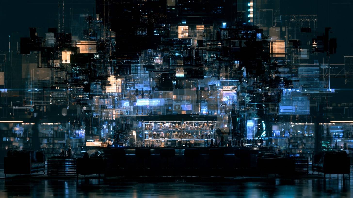 The interior of a liquor store dissolving into digital noise, bottles lit behind the counter