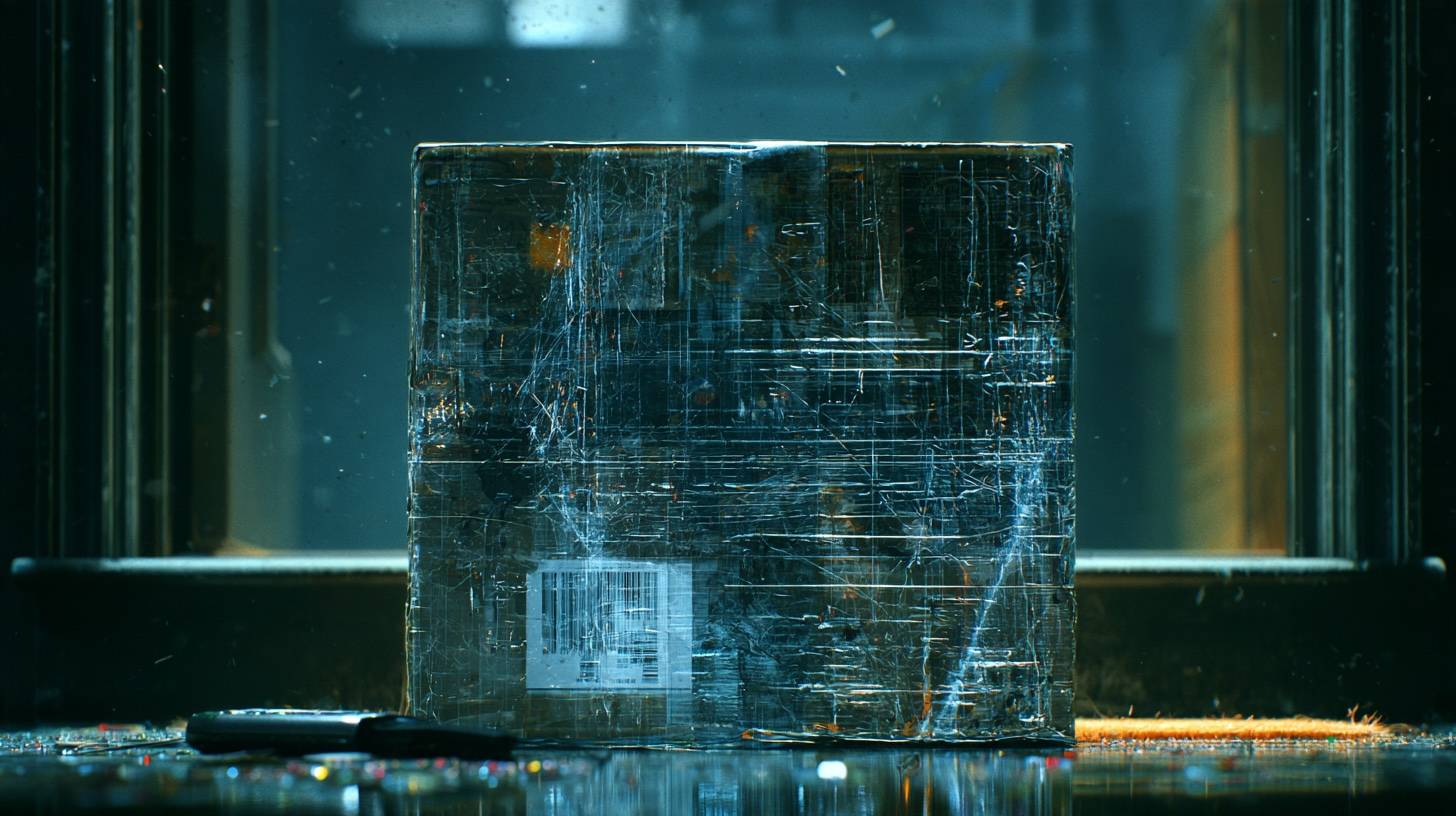A sealed shipping box with a barcode label standing in a doorway