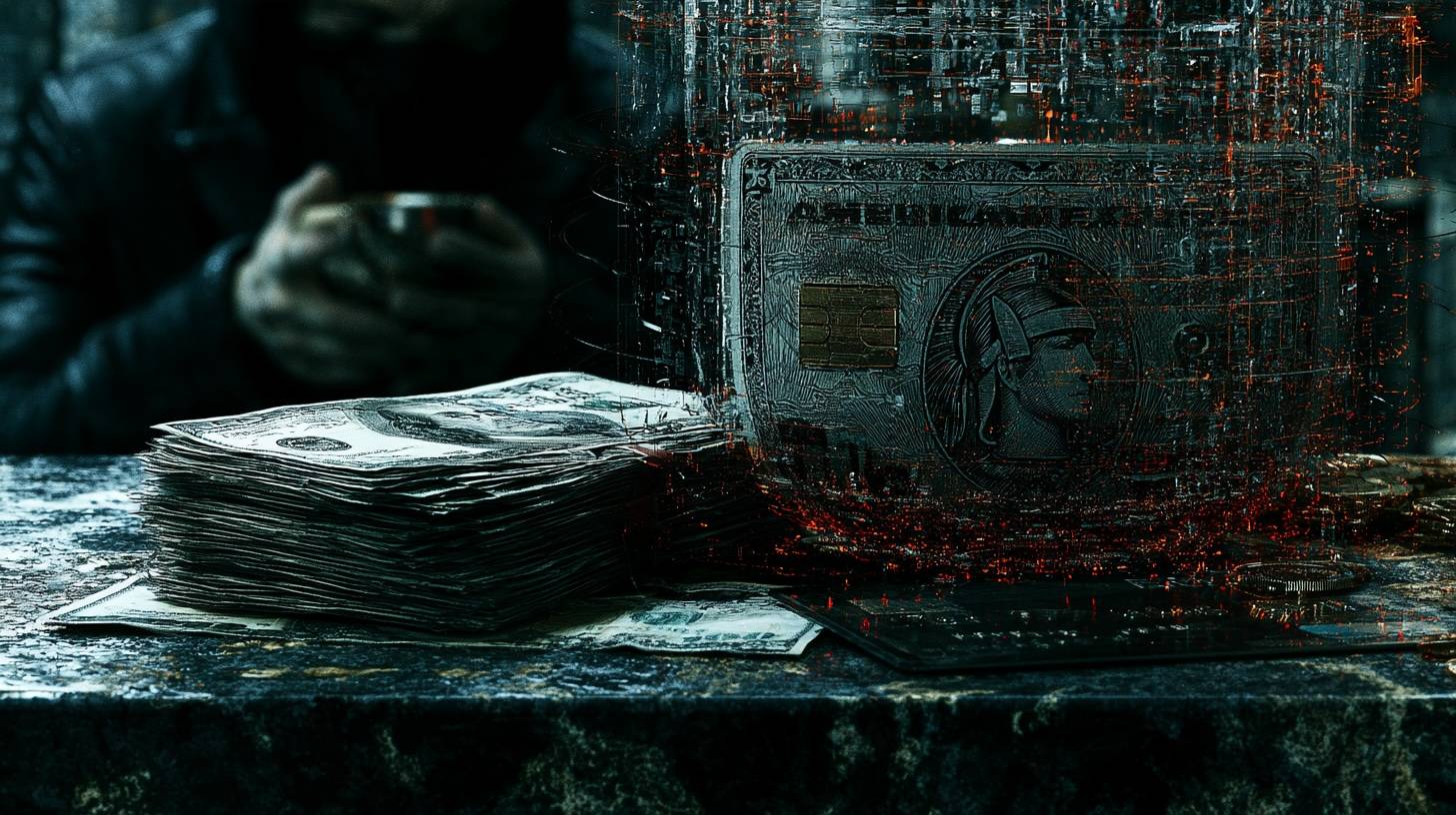 A stack of banknotes and an embossed payment card on a stone counter, a figure waiting in shadow behind them