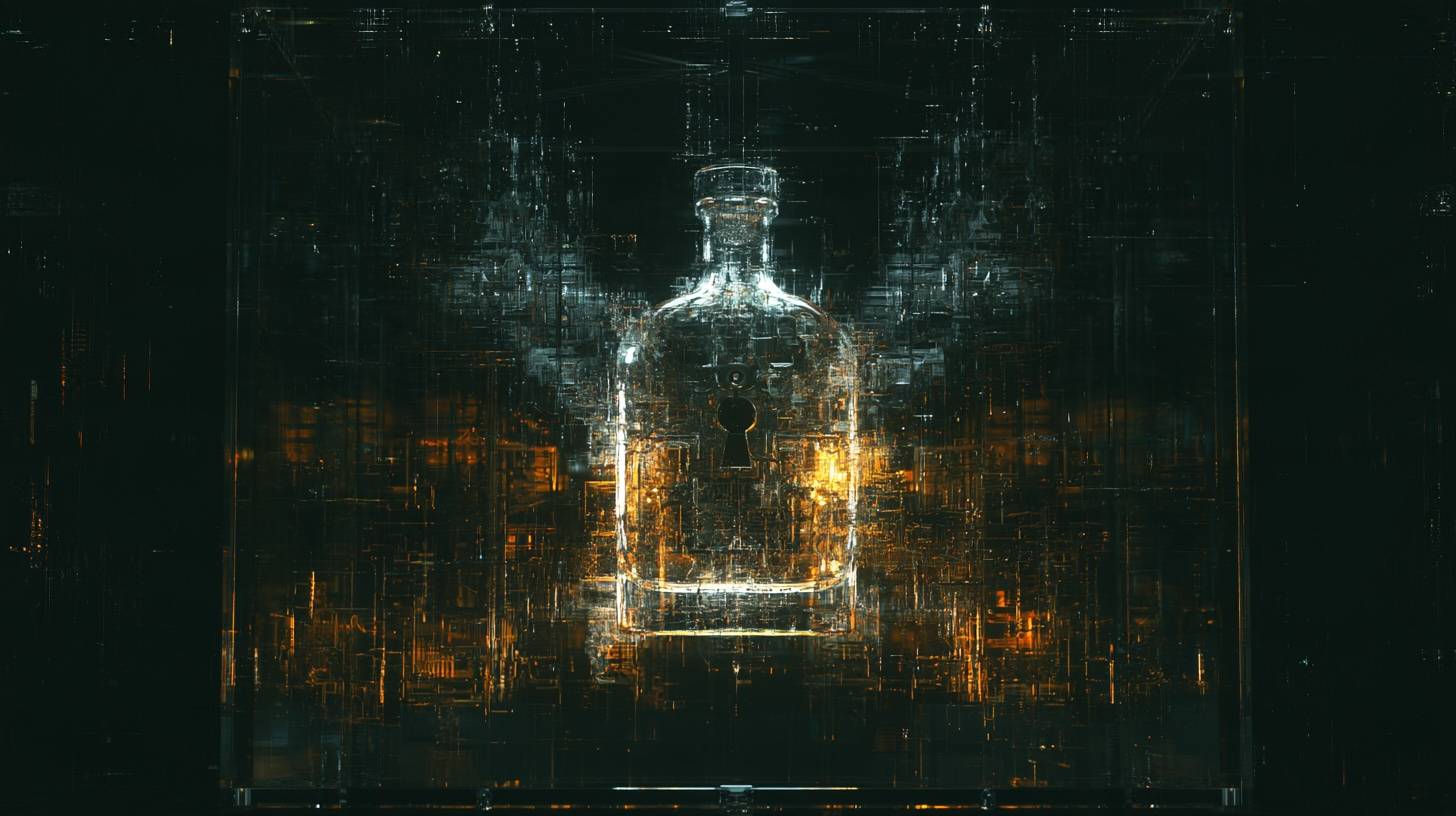 A bottle of bourbon sealed inside a locked glass case, a keyhole set into the glass